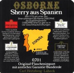 Etiqueta antigua de Osborne: Original-Flaschenimport Osborne Spanischer Sherry, 0,75 L Carl Hertzberg Lübeck. 