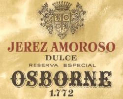 Etiqueta antigua de Osborne: Jerez Amoroso Dulce, Reserva Especial Osborne 1772. 
