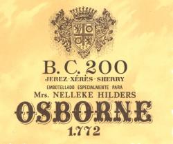 Etiqueta antigua de Osborne: BC 200, Jerez-Xeres-Sherry, Embotellado Especial para Mrs. Nelleke  Hilders, Osborne 1772 
