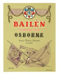Etiqueta antigua de Osborne: Bailén Oloroso Seco, Osborne, Jerez-Xeres-Sherry, Puerto de Santa María. 