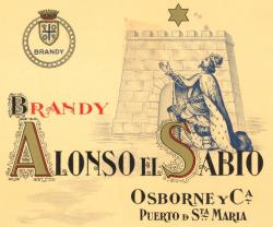 Etiqueta antigua de Osborne: Brandy Alonso El Sabio, Osborne y Cia, Puerto de Santa María. 