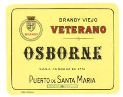 Etiqueta antigua de Osborne: Brandy Viejo, Veterano, Osborne, Casa Fundada en 1772, Puerto de Santa María. 