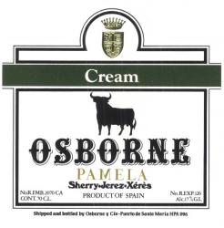 Etiqueta antigua de Osborne: Cream, Osborne, Pamela, Jerez-Xeres-Sherry, Puerto de Santa María. 