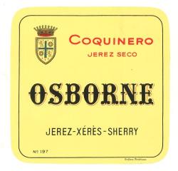 Etiqueta antigua de Osborne: Coquinero (Jerez Seco), Osborne, Puerto de Santa María. 