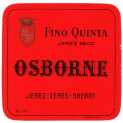 Etiqueta antigua de Osborne: Fino Quinta (Jerez Seco), Osborne, Jerez-Xeres-Sherry, Puerto de Santa María. 