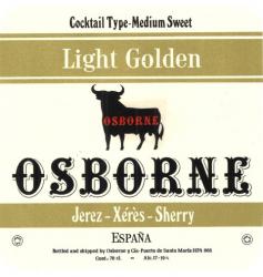 Etiqueta antigua de Osborne: Light Golden (Cocktail type-Medium Sweet), Osborne, Jerez-Xeres-Sherry, Puerto de Santa María. 