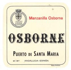 Etiqueta antigua de Osborne: Manzanilla Osborne, Osborne, Puerto de Santa María. 