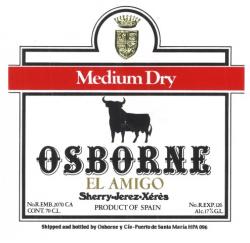 Etiqueta antigua de Osborne: Mideum Dry, Osborne, El Amigo, Jerez-Xeres-Sherry, Puerto de Santa María.