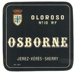 Etiqueta antigua de Osborne: Oloroso nº 10 RF, Osborne, Jerez-Xeres-Sherry 