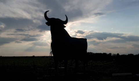 Foto de la valla publicitaria del Toro de Osborne tal y como lo conocemos hoy, sin rotulo y con una dimensión de 14 metros de altura. Valla publicitaria que con el paso de los años se ha convertido en un Icono de bien interés cultural Español.